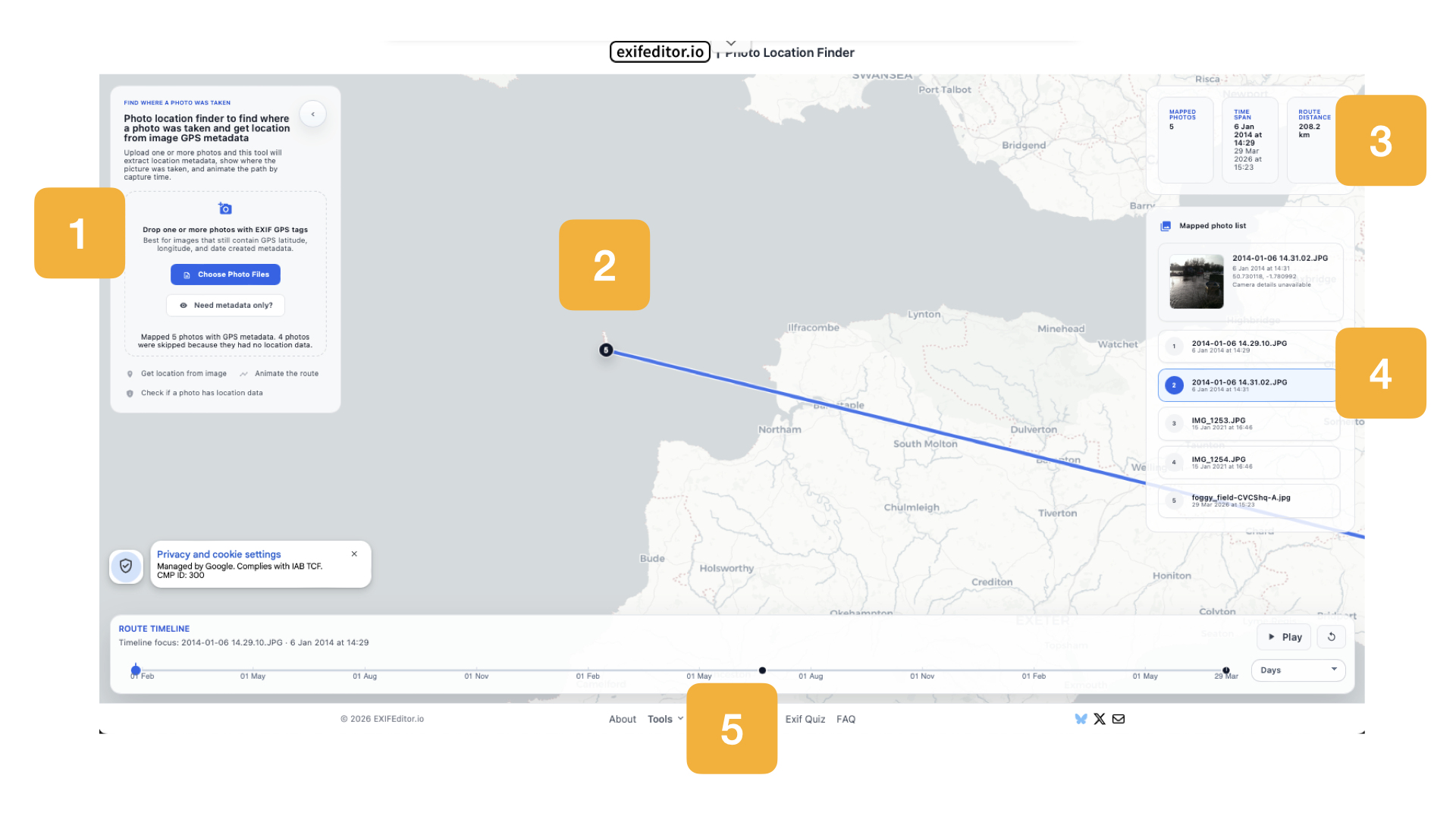 1 — Upload Photos Upload images with GPS data (drag & drop or choose files). 2 — Map View See photo locations plotted instantly on the map. 3 — Summary Panel View stats like total photos, distance, and time span. 4 — Photo List Select individual photos to inspect details and location. 5 — Timeline Navigate and animate your journey over time.